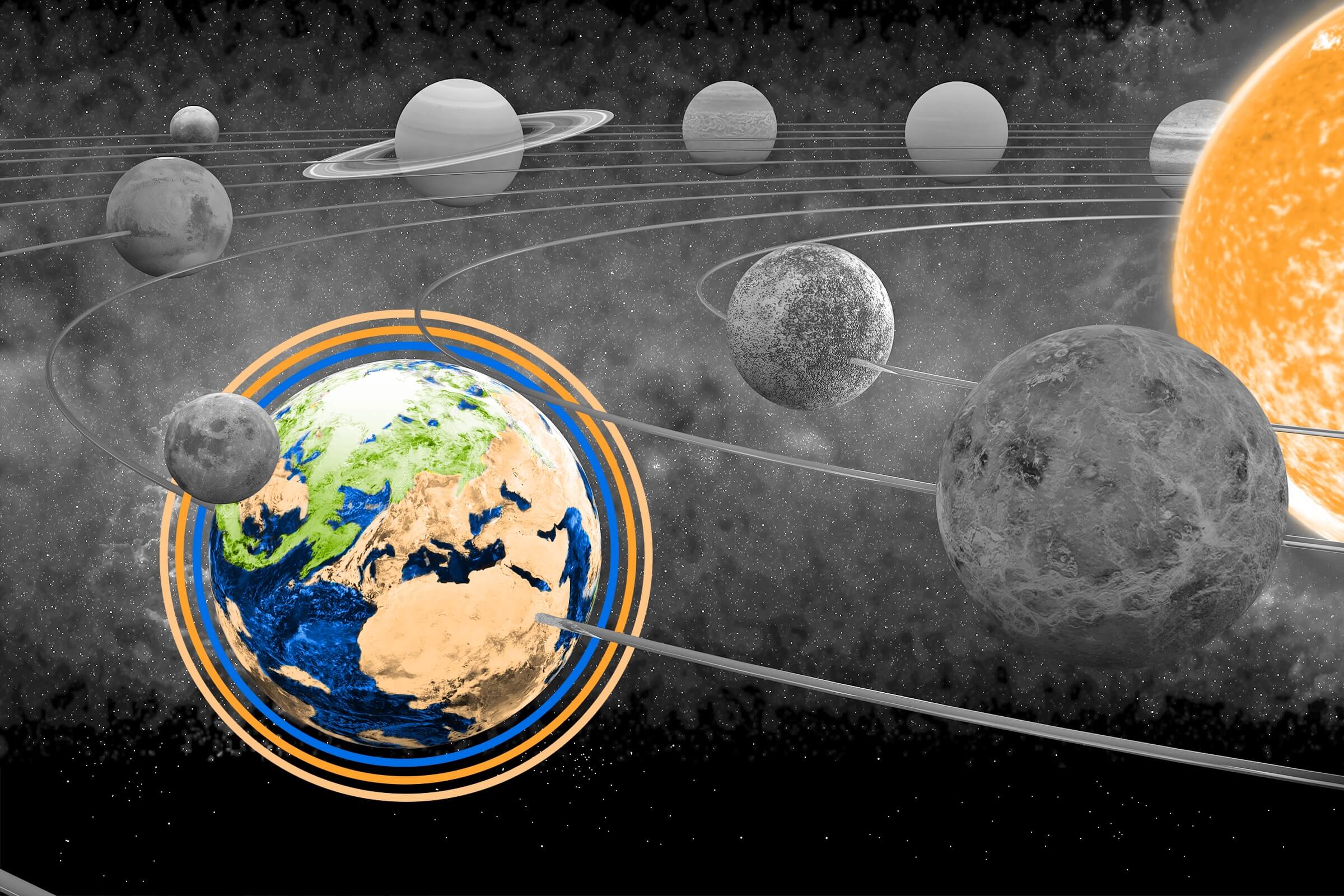 The sun and nine planets of the solar system in orbit