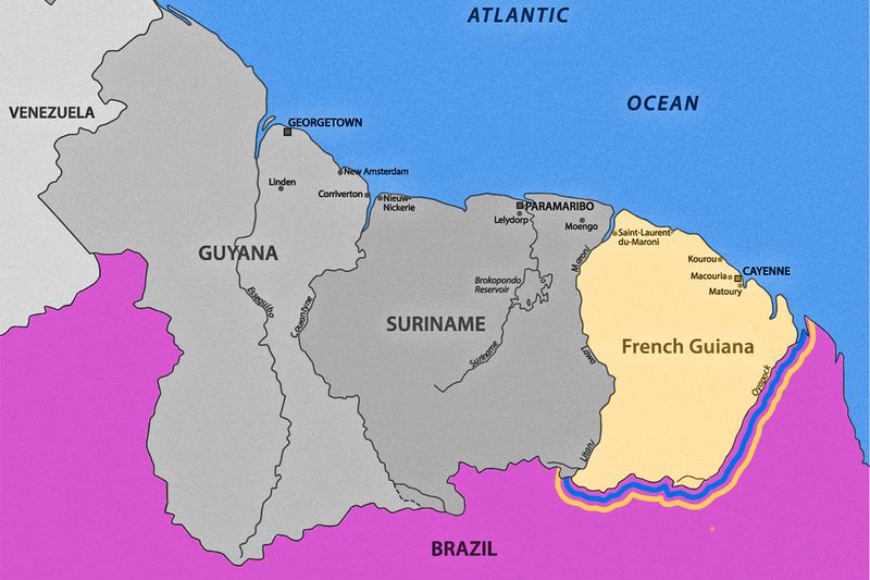 Guyana, Suriname, French Guiana map also showing Brazil