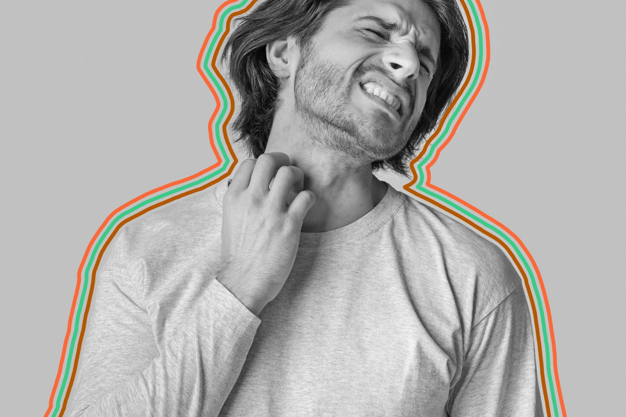 Uncomfortable man scratching at neck